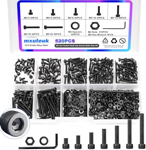 mxuteuk M2 Schraubenkombination, M2 x 4/6/8/10/12/16/20mm Innenschrauben-Schraubenmutter-Kit, 520PCS Klasse 12.9 Legierungstahl-Kombinationsschrauben Mini-Metrische Schrauben für 3D-Drucker DIY