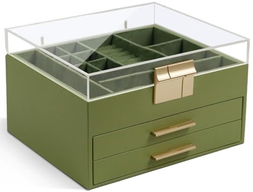 KAMIER Schmuckkästchen, Schmuckkasten 3 Ebenen,2 Schubladen, Hochwertige Transparente Schmuckschatulle Acryl, Schmuckaufbewahrung Organizer für Ketten, Ohrringe, Uhren und Armbänder (Grün)