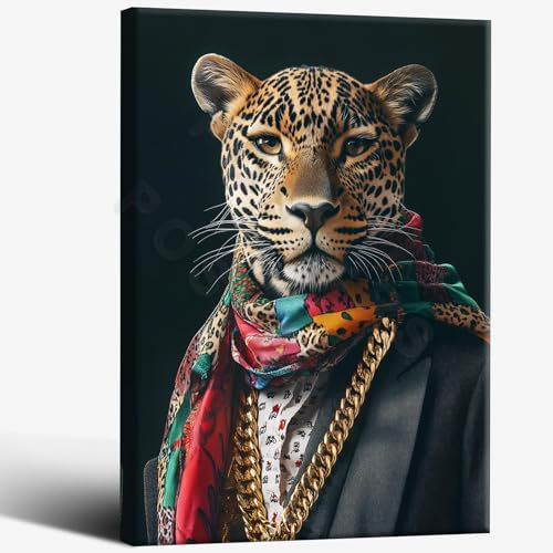 Maximalist Eclectic Stilvoller Leoparden-Kunstdruck – Tierporträt, Dapper Gentleman-Poster, verändertes Tiermode-Poster, ästhetische Ergänzung für Ihre Familie, Wanddekoration, 40,6 x 61 cm, verpackt