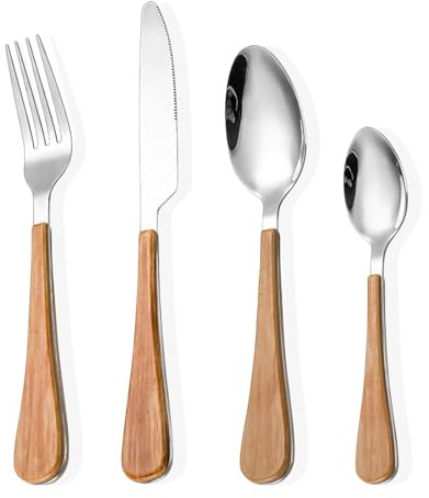 LAIKAIEU Besteckset Besteck Set Aus Edelstahl, Griff Aus Holzmaserung Klassisch Langlebig, Steakmesser, Gabel, Löffel Für Zuhause, Hotel, Restaurant, Party (12pcs)