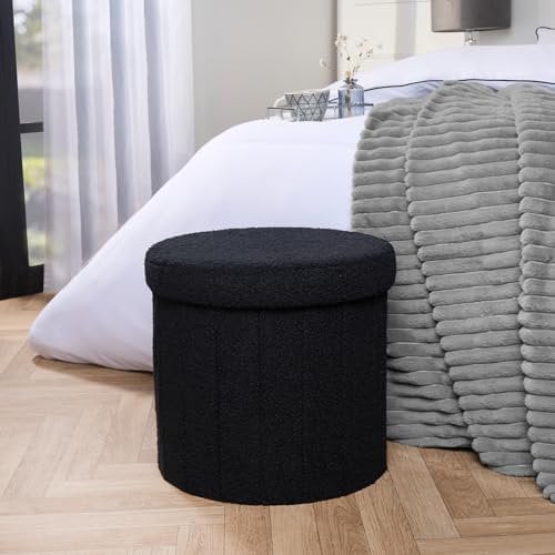 OHS Black Bouclé Round Ottoman Storage Box, Modern Upholstered Storage Ottoman Footrest with Hidden Storage For Living Room Bedroom or Entryway, One Size