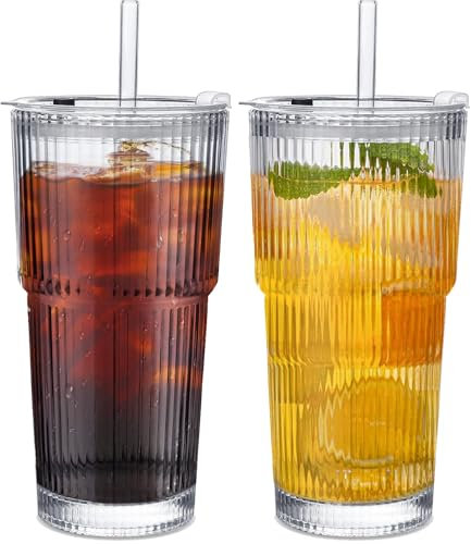 Iced Coffee Cup, 2PC 600ML Glass Smoothie Matcha Boba Cups, Ice Bubble Tea Tumblers with Lids and Straws, Reusable Travel Drink Milkshake Ribbed Glasses Clear