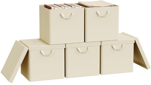 WOLTU Fabric Storage Boxes Set of 5, Folding Baskets with Lids, Handles, Metal Frame, Wardrobe Toy Organisers for Living Room, Bedroom, Office, Cream, 33x33x31.5cm