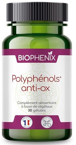 Biophénix Polyphénols Anti-Ox 30 Gélules - Complément Alimentaire 100% Naturel à Base de Végétaux - Resvératrol, Acérola Sauvage, Cacao, Grenade, Maté, Thé Vert, Thé Noir, Vitamine E - Antioxydant