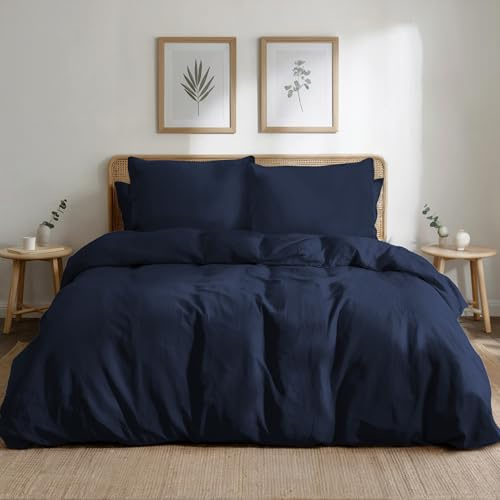 Dreamzie Bettwäsche-Set 200x200 aus Baumwoll-Perkal – Dunkelblau – Bettbezug 200x200 und 2X Kissenbezug 80x80 cm – Oeko-Tex Zertifiziert