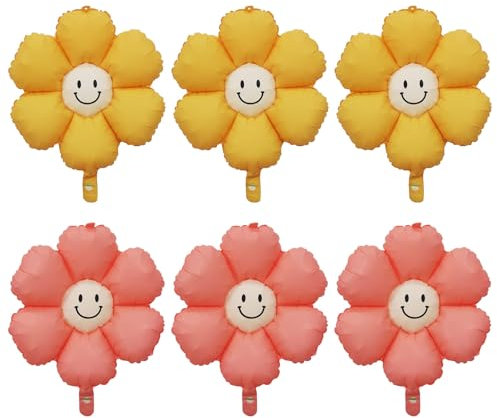 Gleemix Gänseblümchen Ballons mit Smiley, 6 Stück Folienballon Blume, Blumen Luftballons, Gelb und Rosa, 45x65cm, Gänseblümchen Deko für Geburtstags Hochzeit Party