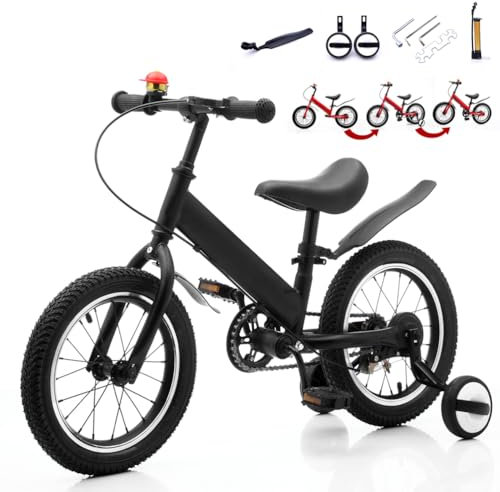 CXYTX 2 in 1 Laufrad, 14,Zoll Kinderlaufrad und Kinderfahrrad Dual-Use-Funktion, geeignet für Kinder im Alter von 2-7, mit Bremse, Pedal, verstellbarem Sitz,Trainingstheorie,Schwarz,14zoll
