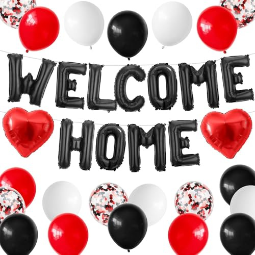 DazzJoy Willkommen Zuhause Luftballons Schwarz Rot Set, 16 Zoll Schwarz WELCOME HOME Buchstaben Ballons mit Schwarz Rot Latex Ballon, Welcome Home Deko Folienballon, Willkommen Zurück Deko Luftballon