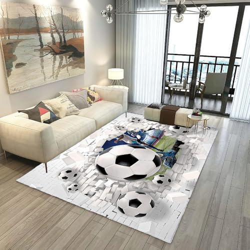 Fußball Teppich Jugendzimmer Jungen, Gamer Gaming Teppich Für Kinderzimmer Deko, Sport Thema Fußballplatz Druck Kinder Fussball Matte, Rutschfest Abwaschbar Spielzimmer Carpet (Weiß,120x180cm)
