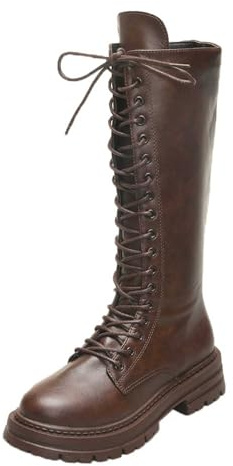 BIBOKAOKE Stivali alti da donna Retrò PU pelle bassa piatta stivali con lacci lunghi stivali alti stivali alla moda camoscio plateau stivaletti con tacco grosso, marrone, 39 EU