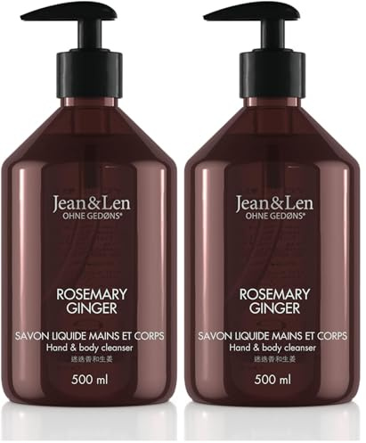 Jean & Len Hand & Body Cleanser Rosemary & Ginger, für ein duftendes Reinigungserlebnis, Körper- & Handseife in einer hochwertigen Flasche, belebend-frischer Duft, vegan, 500 ml (Packung mit 2)