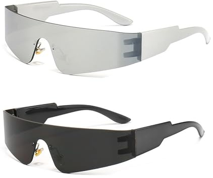 Yuwnd 2Stück Rave Brille für Rollenspiel, Einschließlich Schnelle Brille Rave, Coole Rahmenlos Verspiegelte Raver Brilles, Futuristische Space Techno Stil Sonnenbrille Raves