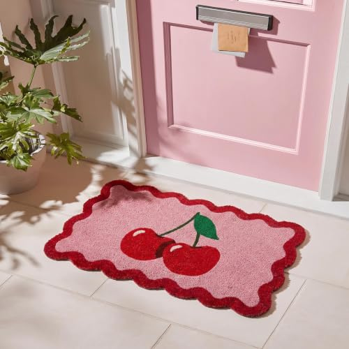 OHS Cherry Print Coir Door Mats Scallop Welcome Mat, Pink/Red - 40 x 60cm | Stylish Front Door Mat Inside Outdoor Non-Slippery Heavy Duty Washable Door Mat Dirt Trapping Entryway Entrance Rug