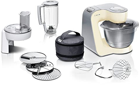 Robot pâtissier Bosch MUM58920 – Machine puissante 1000 W pour mélanger, pétrir & couper – 7 vitesses + turbo – 9 accessoires – Couleur : beige/argent