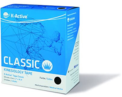 K-Active Kinesiologie Tape Classic SCHWARZ, wasserabweisend und hypoallergen, 50 mm x 5 m, 6er Box