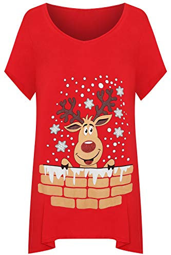 WearAll Women's Plus Short Sleeve Reindeer Snowflake Hanky Hem Long Top Ladies T-Shirt - Red - 16