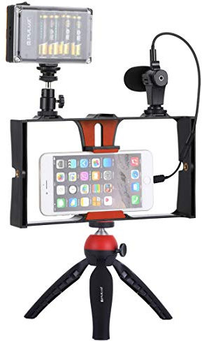 PULUZ 4 en 1 Live Broadcast LED Selfie Light Smartphone Video Rig Kits avec Microphone + Trépied Support Trépied + Sabot Froid Tête Trépied pour iPhone, Galaxy, Huawei, Xiaomi, HTC, LG, Google et