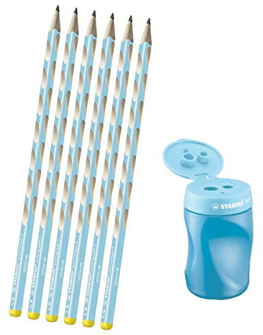 Stabilo EASYgraph S schmaler Dreikant-Bleistift für Linkshänder Härtegrad HB (blau, 6er Pack + Dosenspitzer)