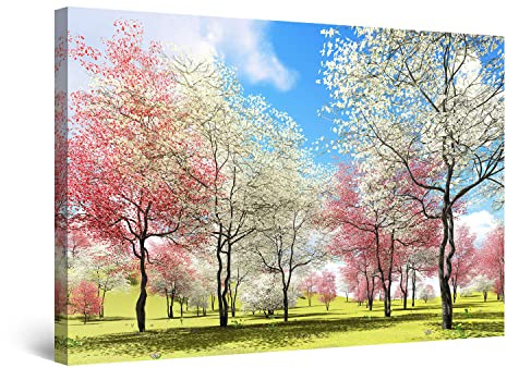 Startonight Impression Sur Toile Peinture Paysage de Ciel Arbres avec des Fleurs Roses Blanches, Tableau Abstrait - Decoration Murale Salon Moderne - Image sur Toile - 60 x 90 cm Idée Cadeau