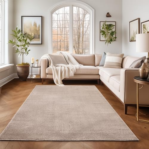 SIMPEX Kurzflor Teppich Wohnzimmer Schlafzimmer Läufer Flur Esszimmer Küchenteppich Einfarbig Modernes Design 11 mm Florhöhe Flauschig Kuschelweich, Beige, 200 x 290 cm