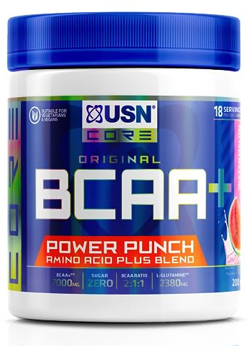 USN Power Punch BCAA Amino Acids Powder, Watermelon Flavour - 200g, Vegan BCAA Powder, Vitamin B6 & No Sugar, Pre Workout or Intra Workout Energy Drink Mix & Dietary Supplement to Maximise Performance
