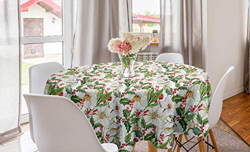 ABAKUHAUS Aquarell Runde Tischdecke, Poinsettia-Muster, Kreis Tischdecke Abdeckung für Esszimmer Küche Dekoration, 150 cm, Vermilion, Grün, Zinnoberrot Gelb Grün