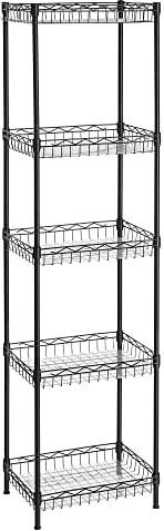 SONGMICS Metal Storage Shelf, Wire Basket Shelving Unit, Kitchen Storage Rack, 4 Hooks, PP Sheets, Adjustable Shelves, Total Load Capacity 100 kg, for Bathroom, Pantry, Small Spaces, Black LGR105B01