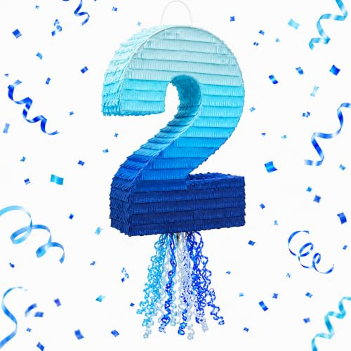Kleine Pinata mit Zugschnur, Ombre-Blau, Nummer 2, für Geburtstagsparty (41,5 x 29,8 cm)