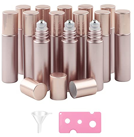 Pxyelec 14 Pack 10ml Rose Gold Glass Roller Ball Bottles for Essential Oils, Perfume, Aromatherapy & Skincare, Refillable Travel Roller Bottles with Stainless Steel Balls, Include Funnel