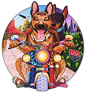 Wood Trick Biker Dogs Wooden Jigsaw Puzzle for Adults and Kids - Decorated w/Shimmering Crystals - 15 x 13.6 in - Animal Unique Shaped Figured Jigsaw Puzzle Pieces - Premium Quality…