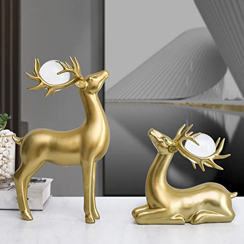 FONDUO 2 Stück Weihnachtsdeko Elch Deko Figuren Groß Deko Wohnzimmer Hirsch Skulpturen Deko, Collectible Für Weihnachten Deko Hochzeitsdeko, Wohnzimmer, Schlafzimmer, Bar, Couple Statue Gift (Gold)