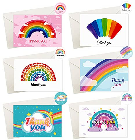 Dankeskarten, Multipack, 12 Stück, Regenbogen-Design, Dankeskarten mit Umschlägen und Aufklebern, Geburtstags-Dankeskarten für Babypartys, Lehrer und Hochzeit