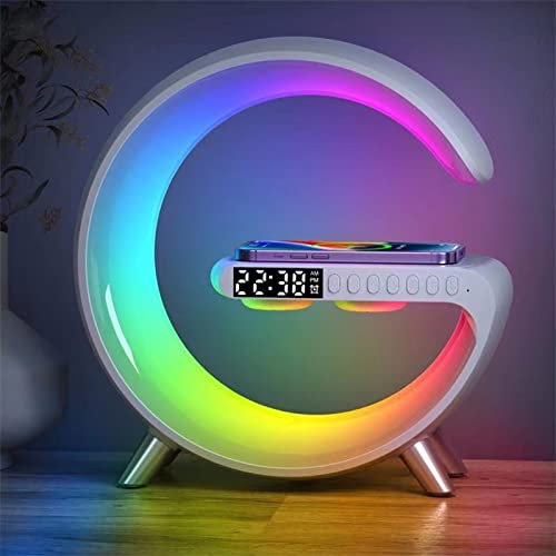 tshy LED Night Light Table Atmosphere Lamps, Music Lamp Wireless Charger Portable Bluetooth Speaker Lamp Clock Alarm Key and APP Control, Wireless Charging Nightstand Lamp White