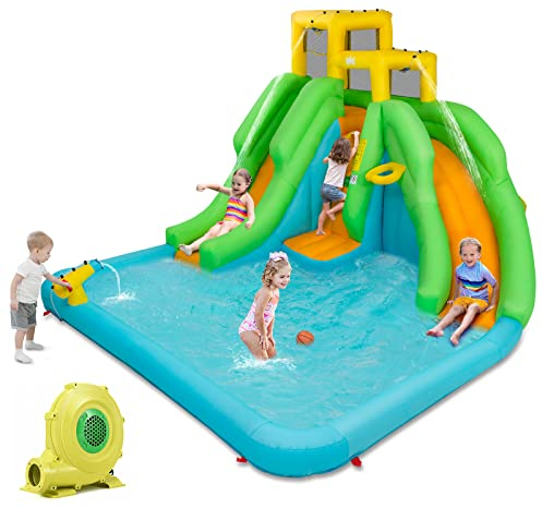 DREAMADE Aufblasbar Wasserpark mit Doppelrutsche, Kletterwand & Planschbecken, 400 x 360 x 255 cm Hüpfburg für Kinder 3-10 Jahre, Wasserrutsche für Garten, Hinterhof & Park (mit Gebläse)