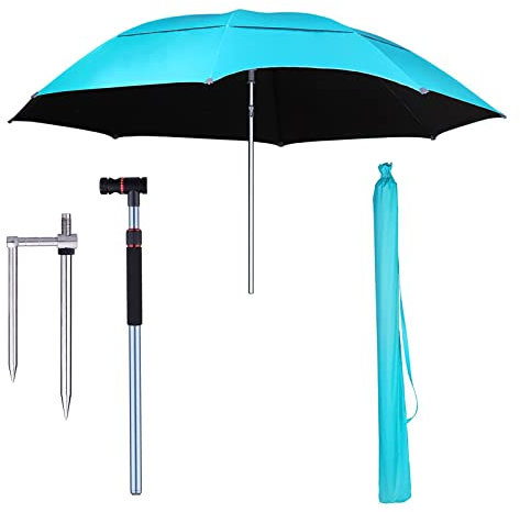 CLoxks Parasol,Parapluie de plage de 7,8 pieds, parapluie pour la pêche, mât en aluminium à mécanisme d'inclinaison réglable en hauteur, toile de protection solaire bleue, prise de terre en acier i