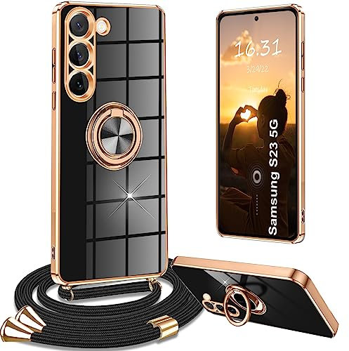 Yutwo Coque pour Samsung Galaxy S23, Coque Samsung S23 avec Cordon Collier Silicone Housse 360° Voiture de Bague Magnétique Étui Antichoc Réglable Case Coque pour Samsung S23, Noir