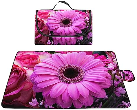 Yoonqun Picknickdecke 200x150cm,Wasserdicht Strandunterlage,Lila Gänseblümchen Stranddecke XXL Weiche Campingdecke mit Tragegriff Strandmatte für Park,Garten,Strand,Waschbar