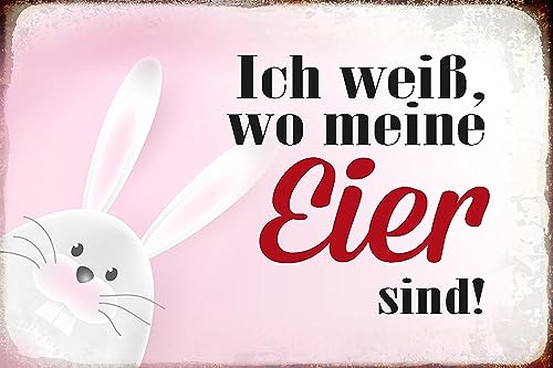 AGDeko® Schild aus Holz 12x18cm Osterhase weiß wo Eier sind zum Aufhängen oder Stellen Raum Dekoration