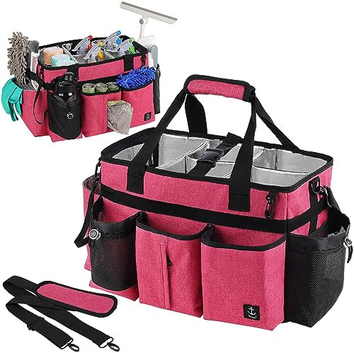 Timoxi Große Reinigungs-Caddy-Tasche mit integriertem stabilem Stützbrett, Reinigungs-Organizer mit abnehmbarer Trennwand, Reinigungsmittel-Tragetasche mit verstellbarem Schultergurt und Hüftgurt für