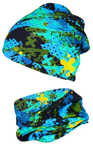 TupTam Jungen Beanie Mütze Schlauchschal Kinder 2er Set Herbst Winter gefütterte Übergangsmütze mit Loop, Farbe: Jersey zweilagig - Vielfarbig Grün Blau, Hat Size: 56