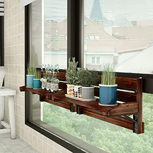 Balkon-/Terrassengeländer-Regal, Blumenständer, Fenster, Verstellbarer hängender Blumentopfhalter, dekoratives faltbares Holzregal für Balkon, Veranda, Zaungeländer (Größe: 60 x 28 x 23 cm)