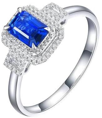 Verlobungsring Paar Deko, Hochzeitsband Blau 18 Karat Weißgold Lab Saphir 0.8Ct Smaragdschliff Vvs mit Diamant Weiß Größe 65 (20.7) Gravur Neujahr