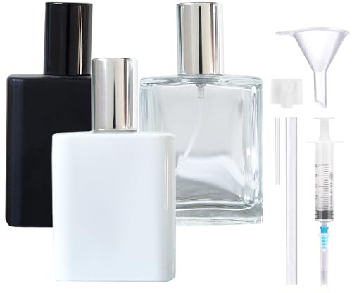 XUSSMM 3 atomizadores de perfume rellenables, 30 ml, frasco de perfume cuadrado negro, blanco y transparente, botella de spray portátil con accesorios prácticos para perfume, viajes, cosméticos (50