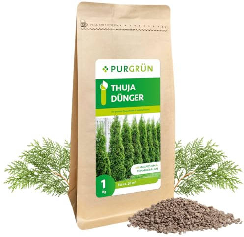 Purgrün® Thuja-Dünger 1 kg – Extra Magnesium schützt vor Nadelverfärbungen – Fördert schnelles Wachstum für eine dichte Hecke – Tonmineralien für einen gesunden Boden – Granulat für ca 30 Pflanzen