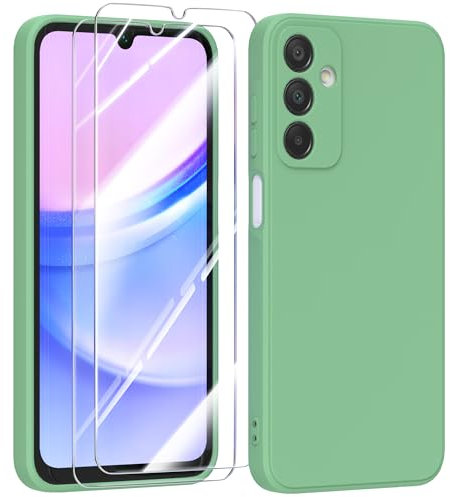 MIKULLE Silicone Coque pour Samsung Galaxy A15 4G / 5G avec 2 Verre trempé Protection écran,Couleur Pastel Ultra-Mince Souple en TPU en Silicone Antichoc Bumper Housse - Vert