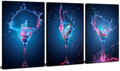 Bar Wall Decor Wine Glass Pictures for Dining Room Wall Art Cocktail Glass Canvas Prints Blue Sparkling Wine Poster Kitchen Wall Decor Wine Cups Artwork Modern Pub Bar Home Decorations 16x24 3Pcs