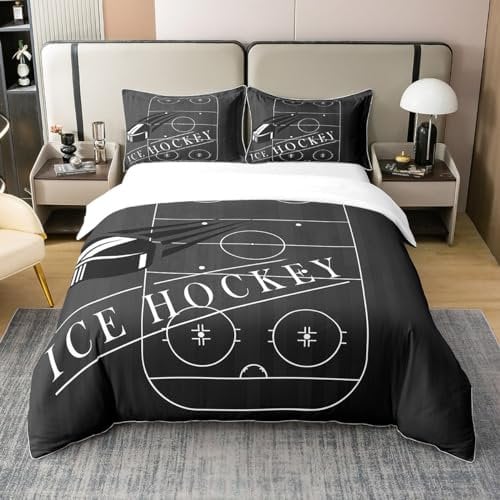 100% Baumwolle Ice Hockey Bettbezug für Jungen Kinder Sport Bett Set,Eishockey Rink Bettbezug Schwarz Bettwäsche Sets 220x240 Ball Spiel Gaming Gamer Bettbezug mit 2 Kissenbezüge