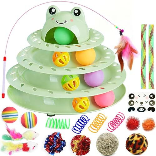 Suhaco 26 PCS Interactive Cat Toys for Indoor Cats Roller 4 Level Track Kitten Toys with 4 Colorful Balls Self Play Kitty Ball Toys Feather Wand Pet Toys for Boredom (Green)
