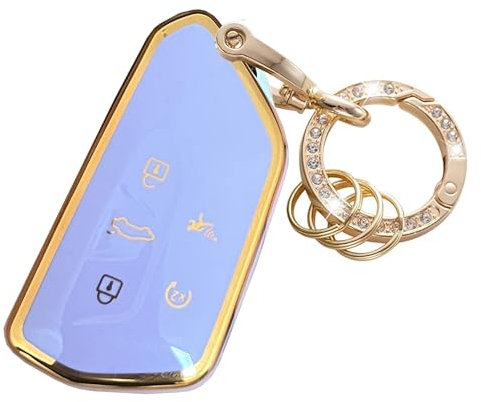 WENHENI Coque de clé Volkswagen avec porte-clés pour VW ID4 ID3 MK8 Golf GTI Skoda Octavia Smart Key (doré/violet)