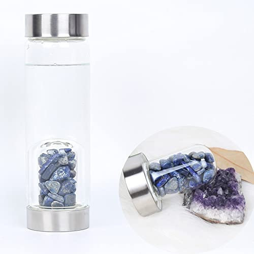 Wasserflasche Aus Naturkristall Edelstein-Glas-Wasserflasche Punkt Reiki Heilstab Elixier Kiessteinbecher Quarz-Edelstein-infundierte Wasserflasche Mit Abnehmbaren Edelsteinen Und Schutzhülle ( Color